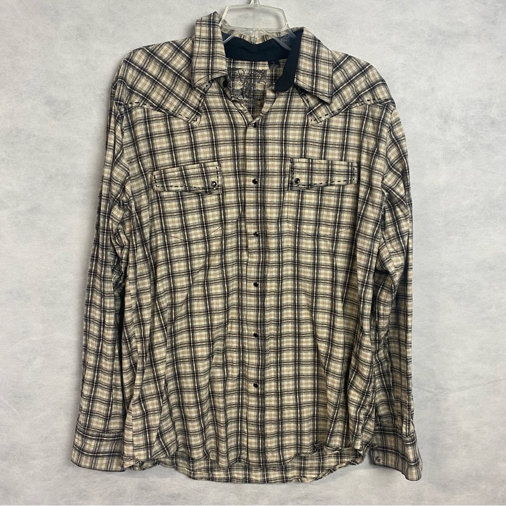 Ely 1878 Long Sleeve Shirt Men’s Large Beige Black Pearl Snap Plaid Western Flaw